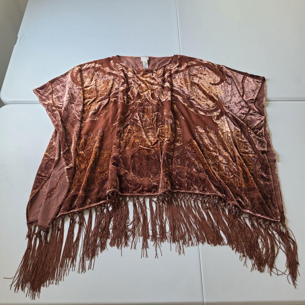 Chico's Kimono Blouse Womens S/M Brown Velvet Burnout Floral Fringe Boho Top